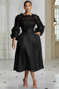 Wedding Black Round Neck 3/4 Sleeve 3D Elegant Pocket Satin Midi Dresses