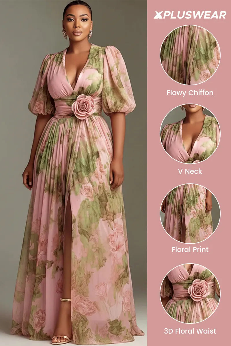 Wedding Guest Peach Floral V Neck Puff Sleeve Short Sleeve 3D Split Chiffon Maxi Dresses