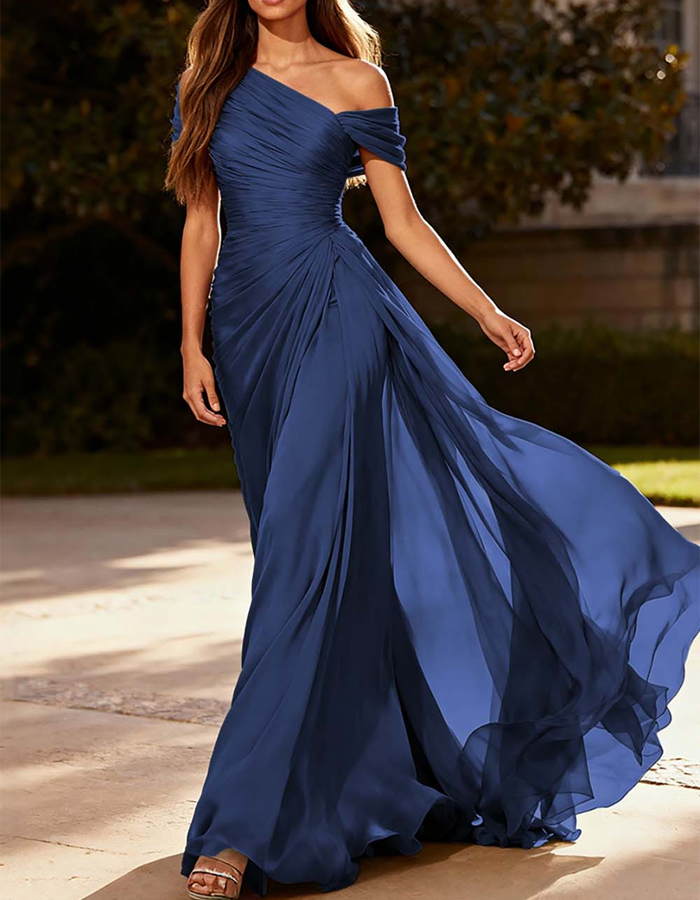 One-Shoulder Pleated Chiffon Maxi Dress