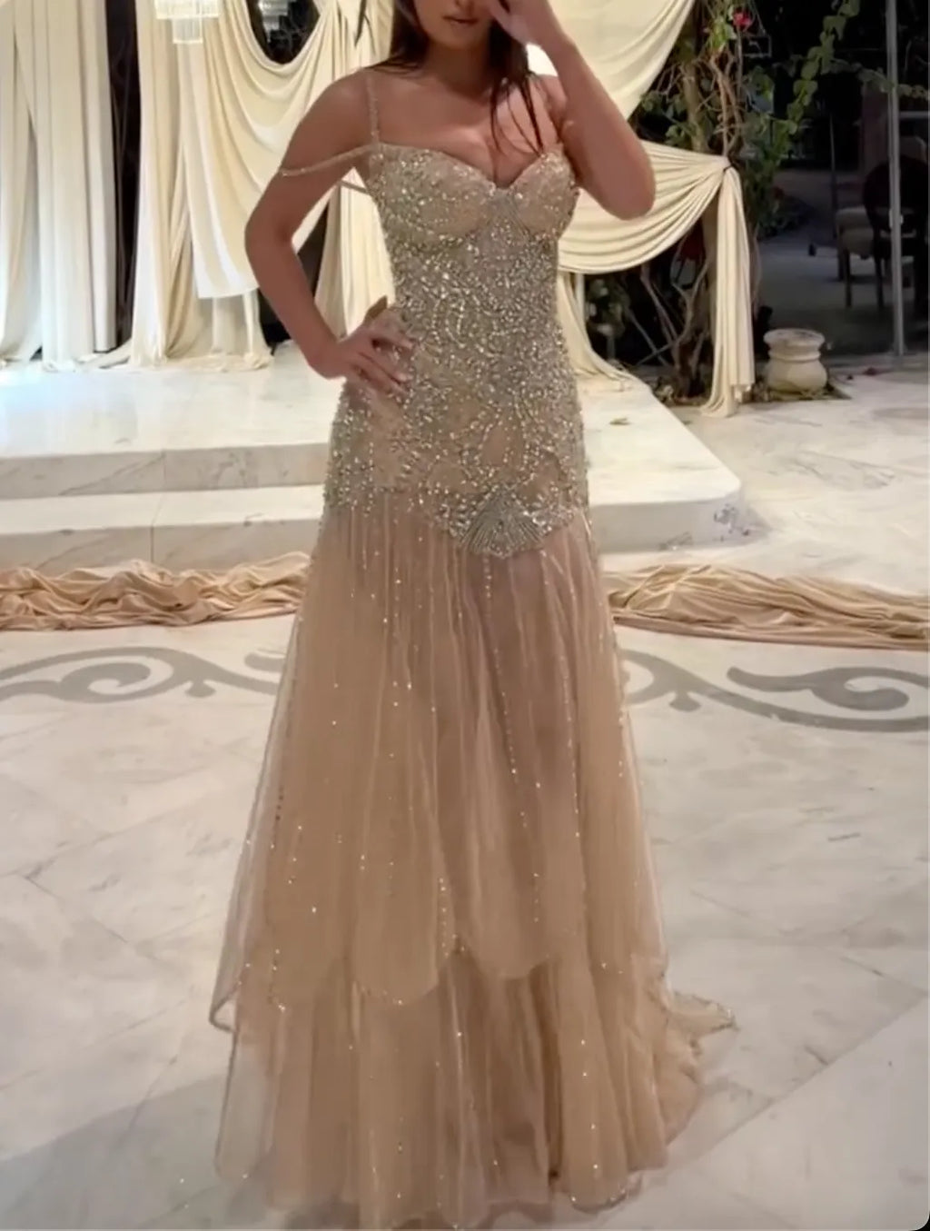 Champagne Sweetheart Embellished Maxi Evening Gown - Sheer Layered Tulle Formal Dress