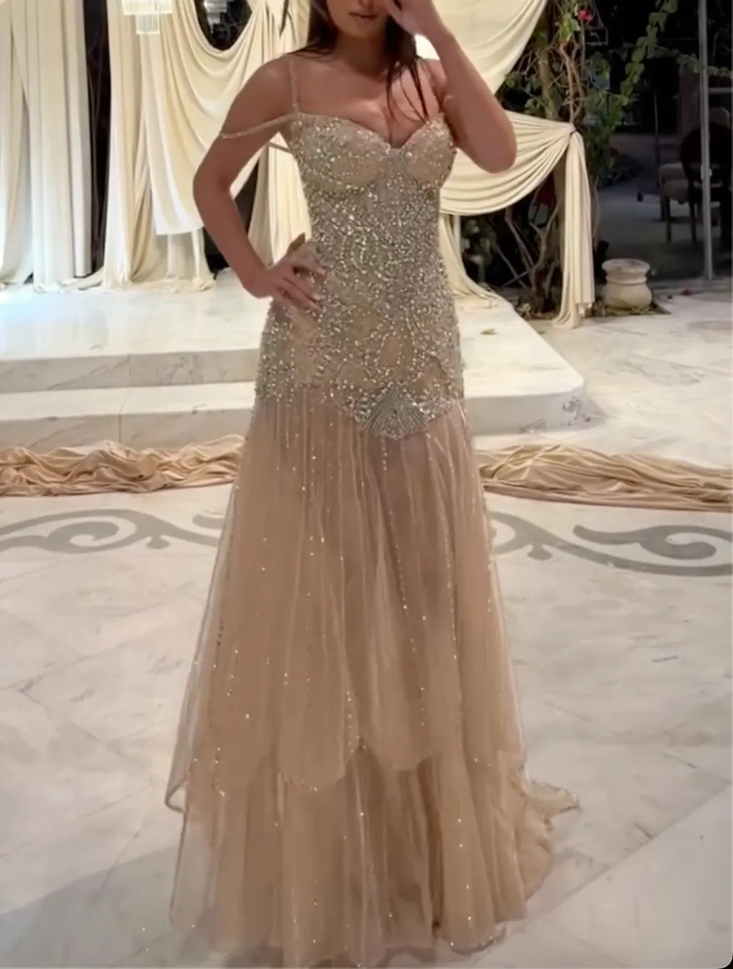 Champagne Sweetheart Embellished Maxi Evening Gown - Sheer Layered Tulle Formal Dress