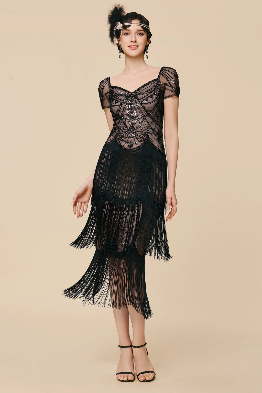 Black Beaded Fringe Gatsby Midi Dress – Vintage Cocktail Statement Look