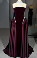 Burgundy/Navy Blue Strapless Velvet Maxi Dress with Satin Skirt & Pearl Trim