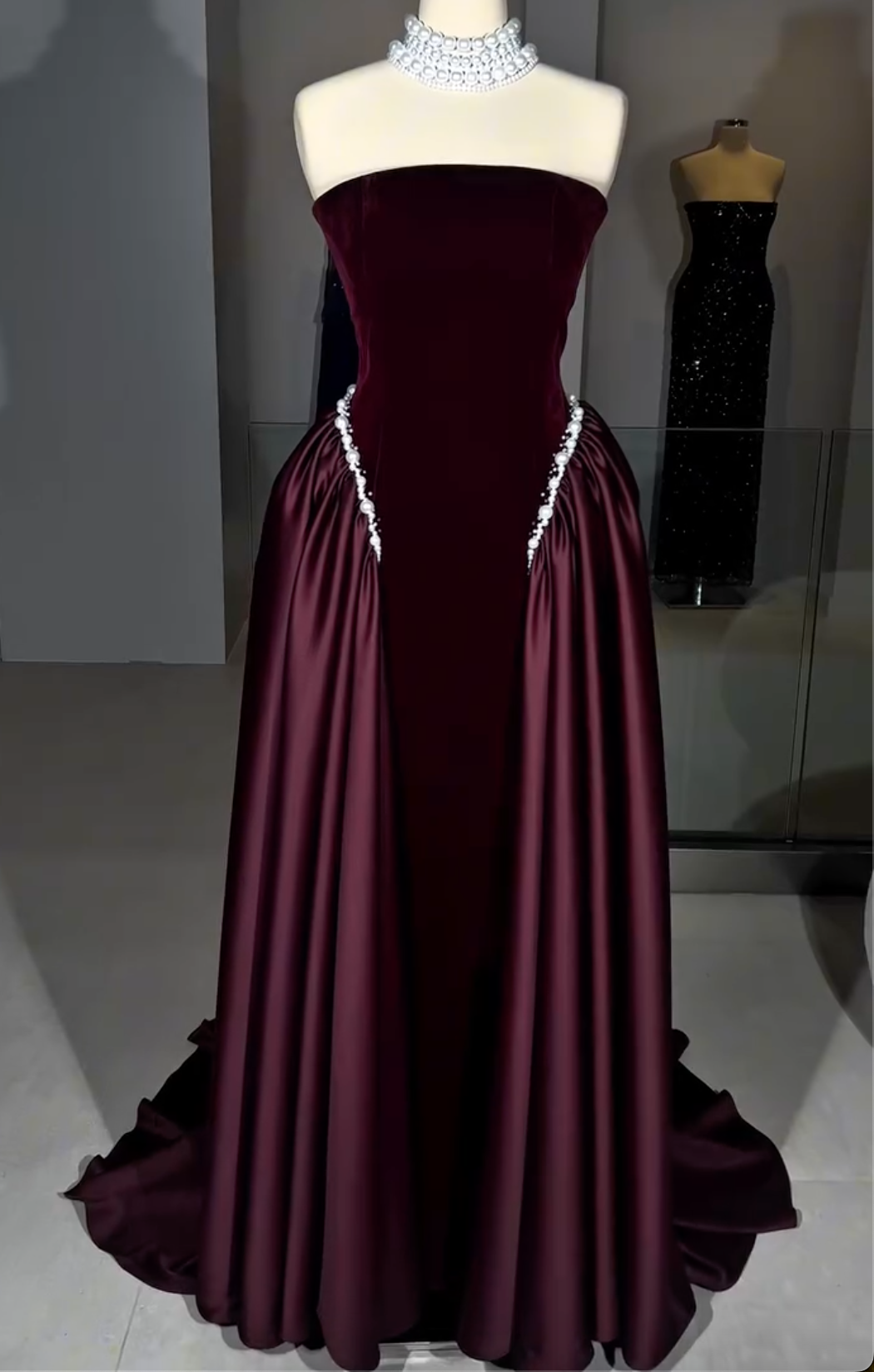 Burgundy/Navy Blue Strapless Velvet Maxi Dress with Satin Skirt & Pearl Trim