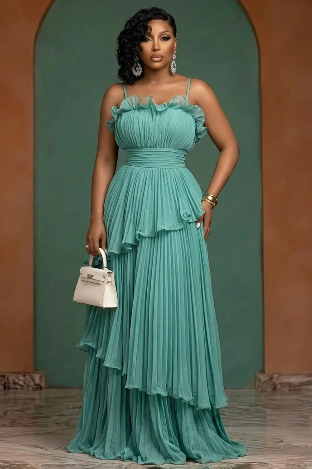 Ruffle Pleated Spaghetti Strap Vacation Maxi Dresses-Turquoise [Pre Order]