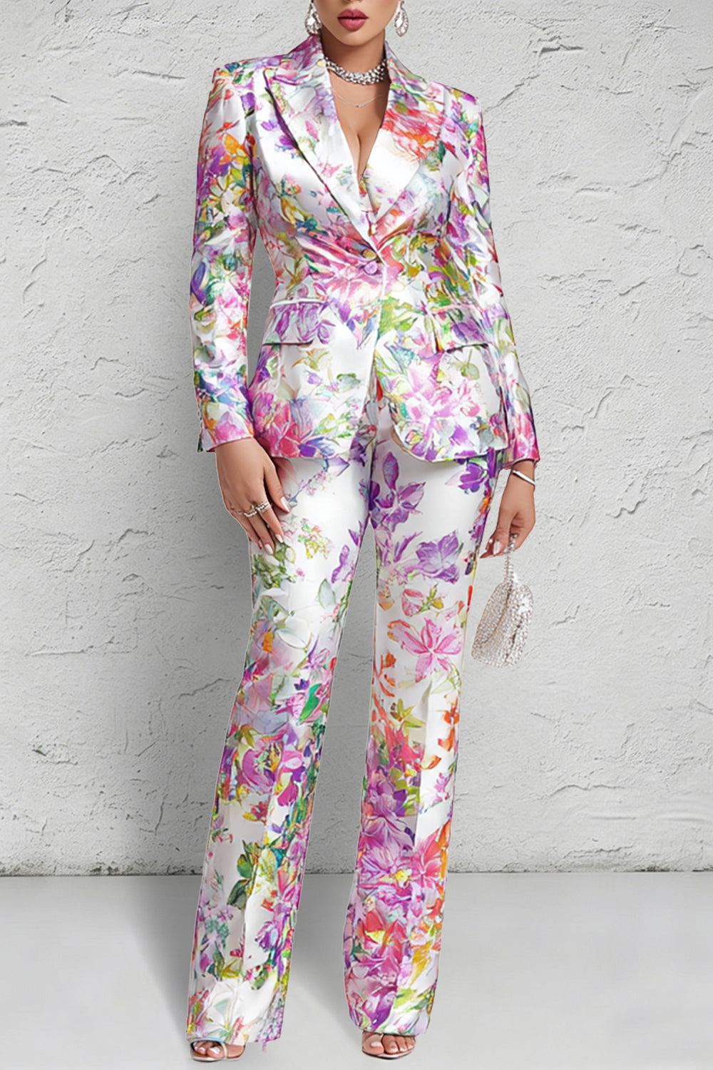Multicolor Floral Lapel Collar Long Sleeve Pocket Satin Two Piece Pant Suits