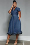 Xpluswear Design Plus Size Business Casual Blue V Neck Short Sleeve Pocket Ruffle Tencel Denim Midi Dresses