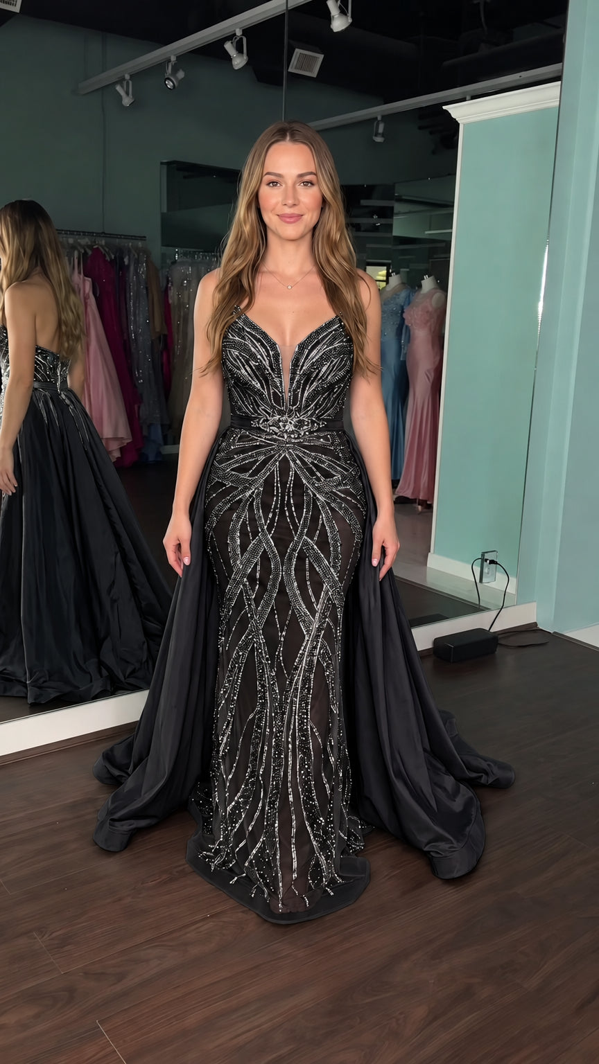 Sequined Mermaid Evening Gown with Detachable Overskirt