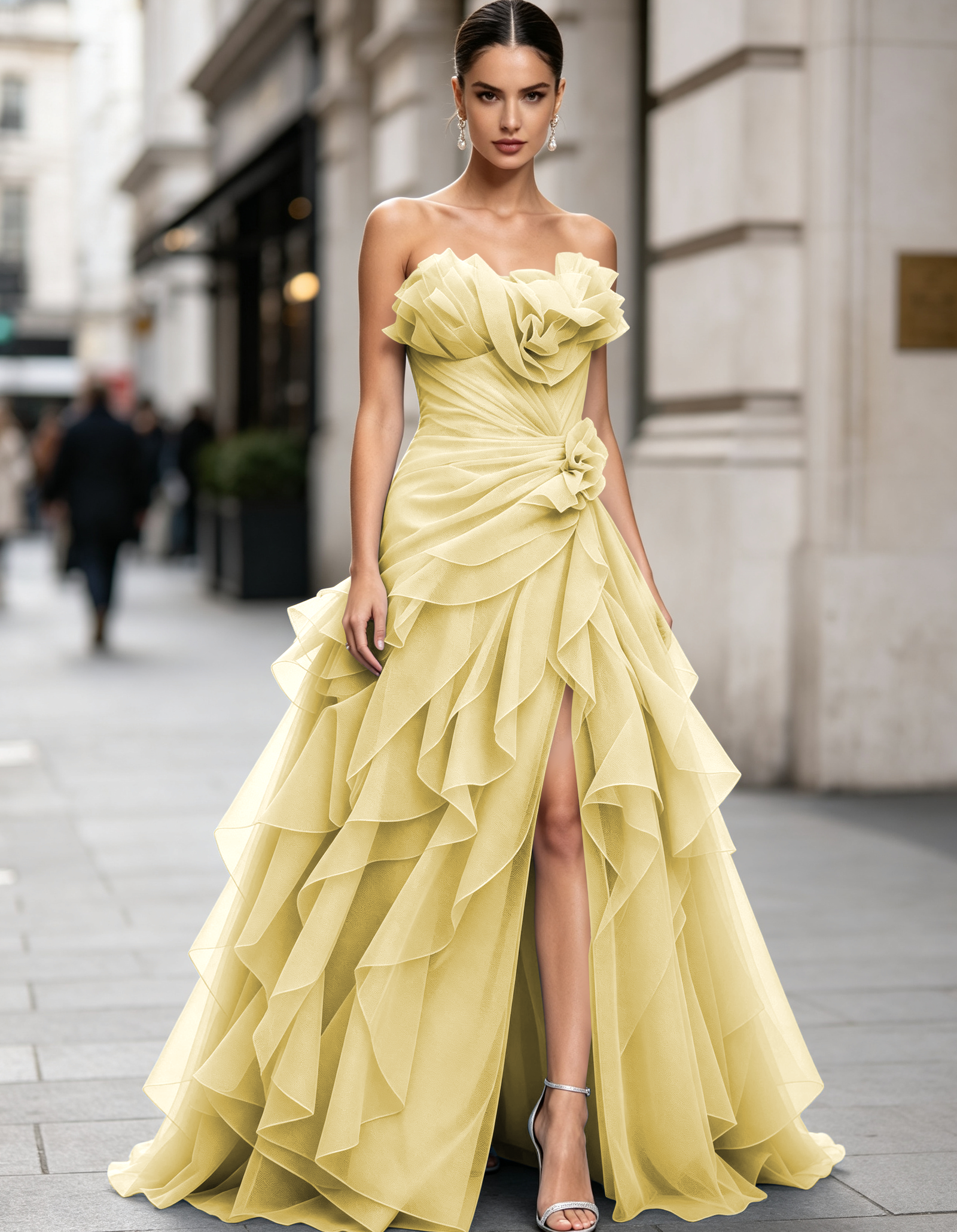 Voluminous Floral Ruffle Strapless Tulle Mermaid  Maxi Dress