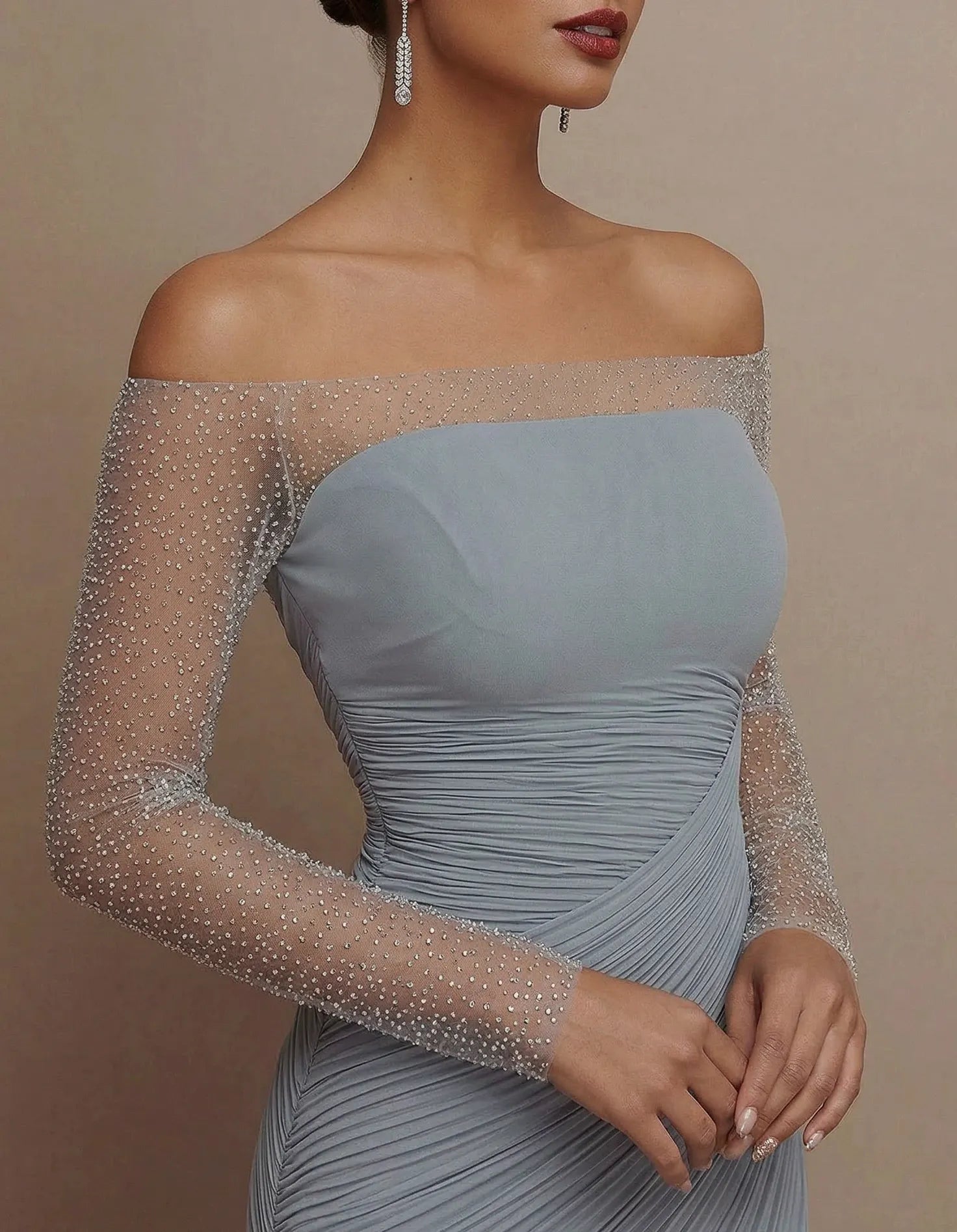 Chiffon Fitted Waist Diamond Mesh Fishtail Maxi Dress