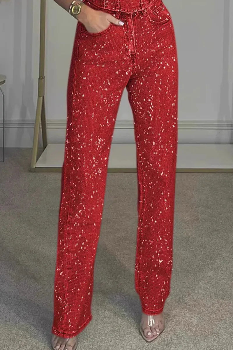Ladies' Sexy Off Shoulder Sparkling Rhinestone Denim Top & Jeans