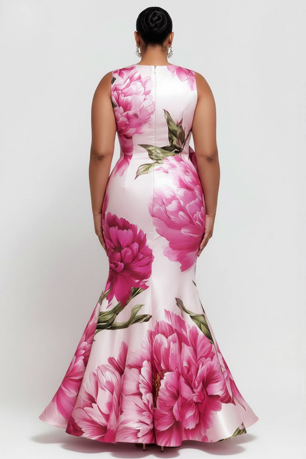 Elegant Pink Floral Round Neck Mermaid 3D Satin Maxi Dresses