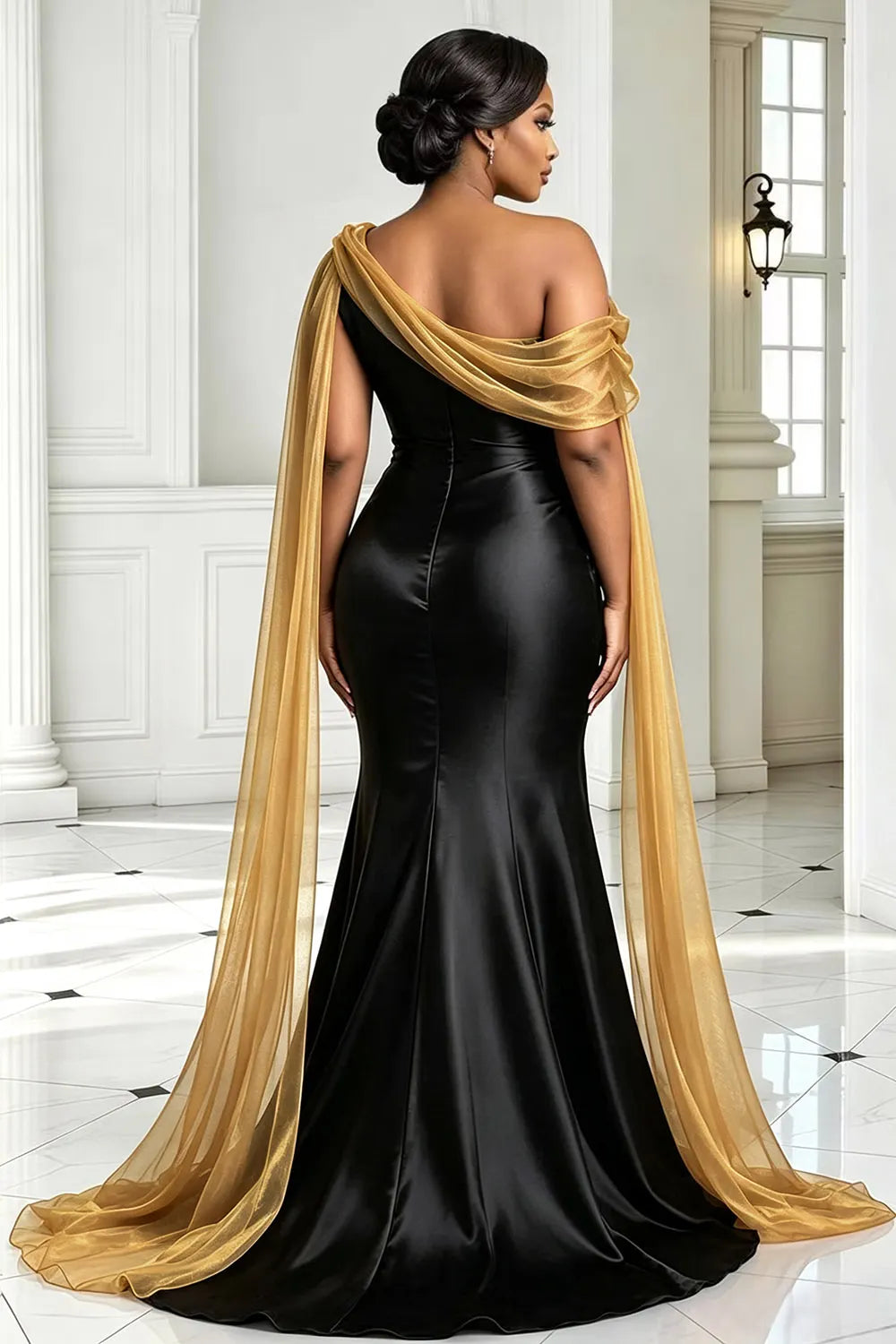 Organza Gold Oblique Collar Draped Contrast Satin Maxi Dresses [Pre-Order]