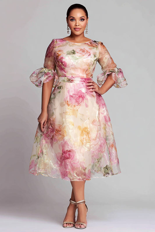 Cocktail Party Pink Floral Round Neck Flare Short Sleeve See Through Organza Midi Dresses