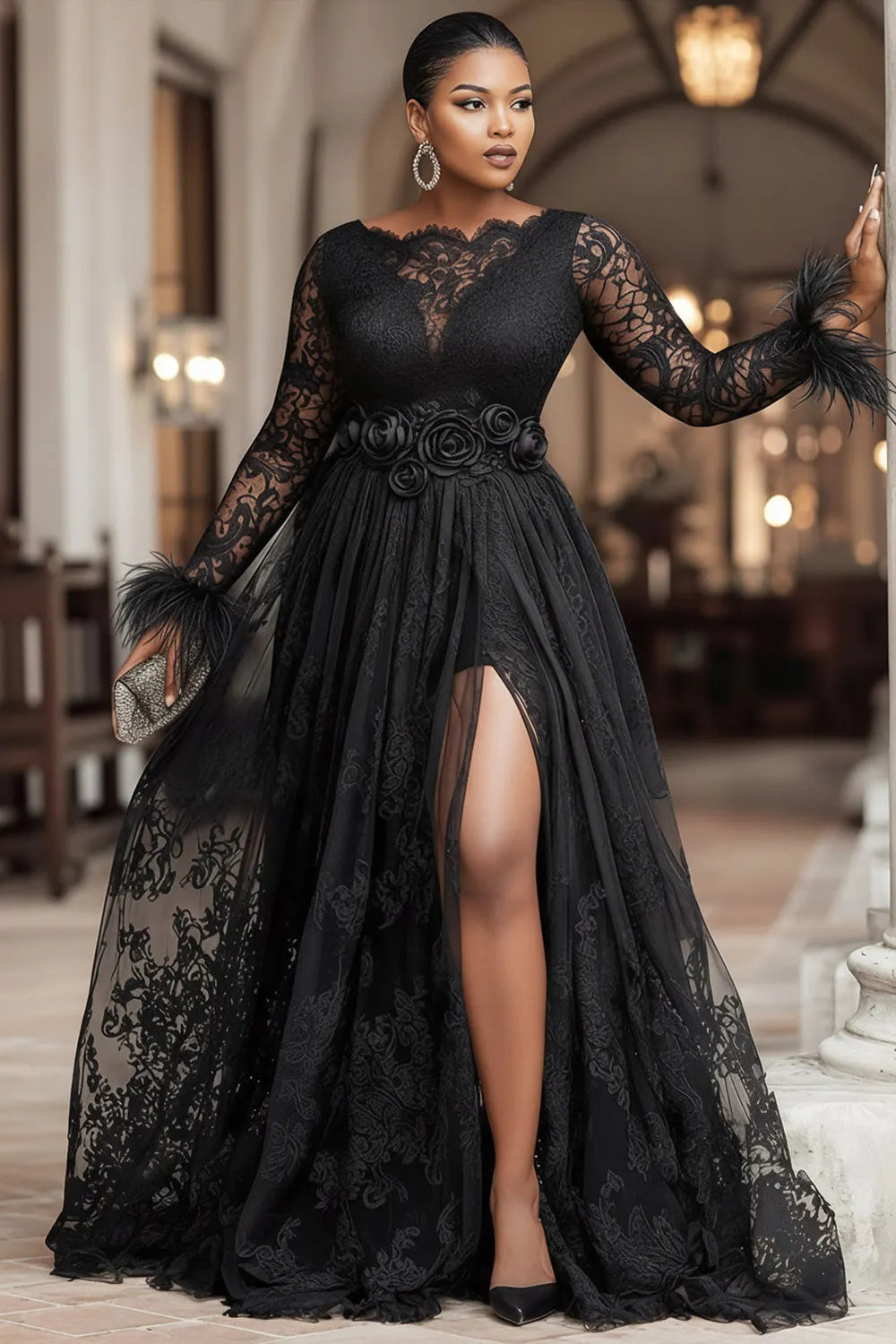 Black Boat Neck Long Sleeve 3D Elegant Feather Lace Maxi Dresses