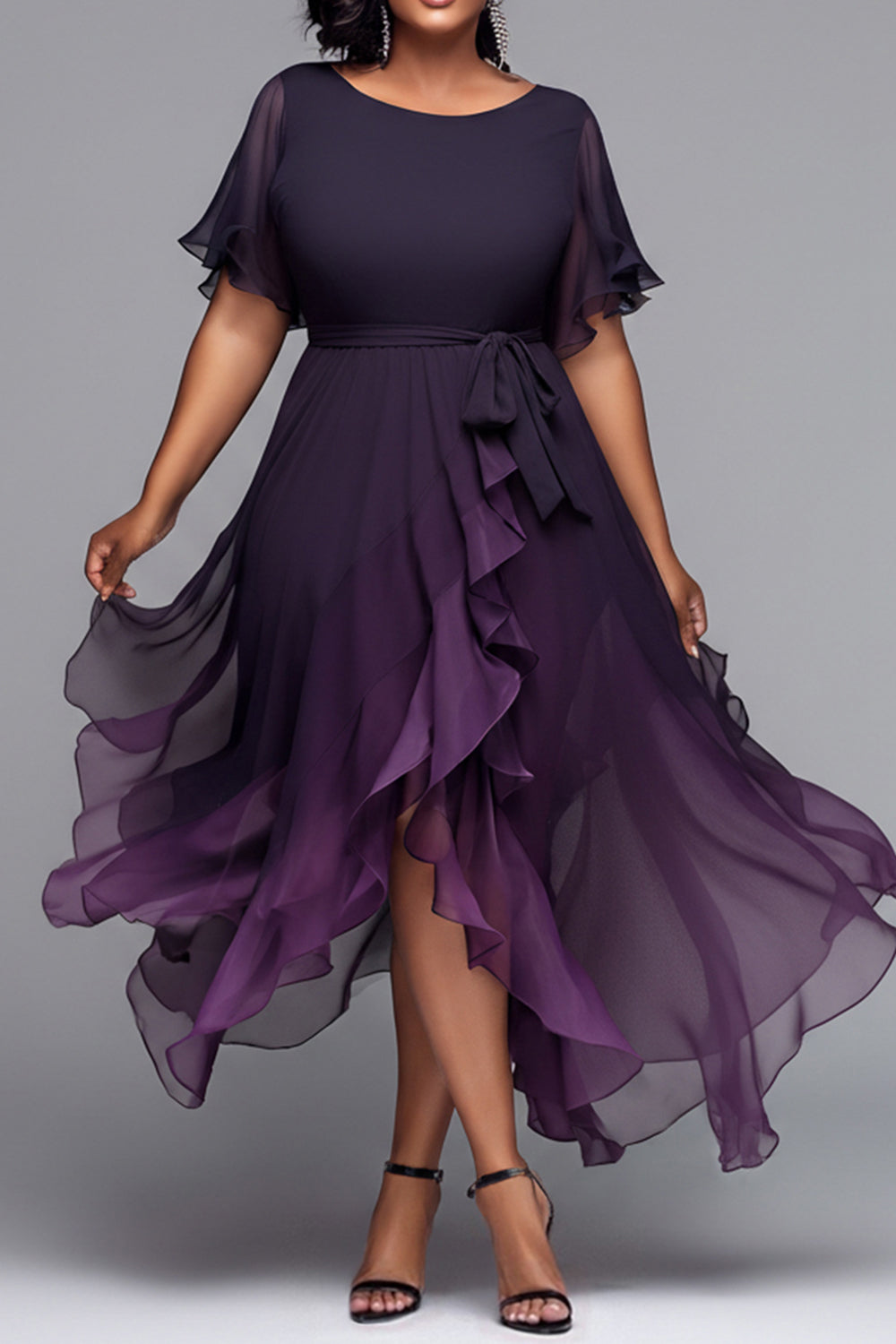 Cocktail Party Black Gradient Round Neck Short Sleeve Asymmetric Hem Irregular Hem Chiffon Midi Dresses