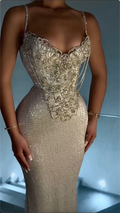 Opulent Champagne Spaghetti Strap Sequin Mermaid Maxi Dress with Crystal Floral Appliques & Dangling Chain Accents