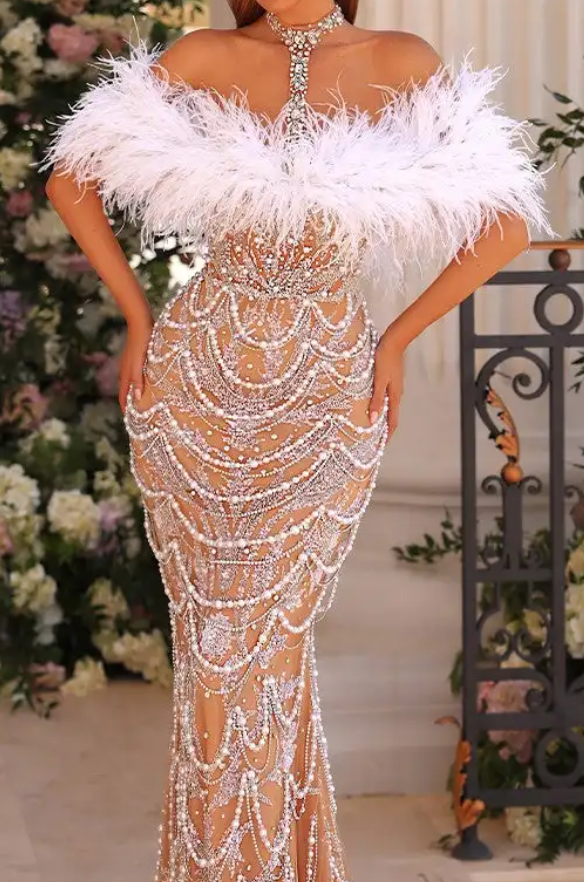 Nude Off-the-Shoulder Feather & Crystal Maxi Dress