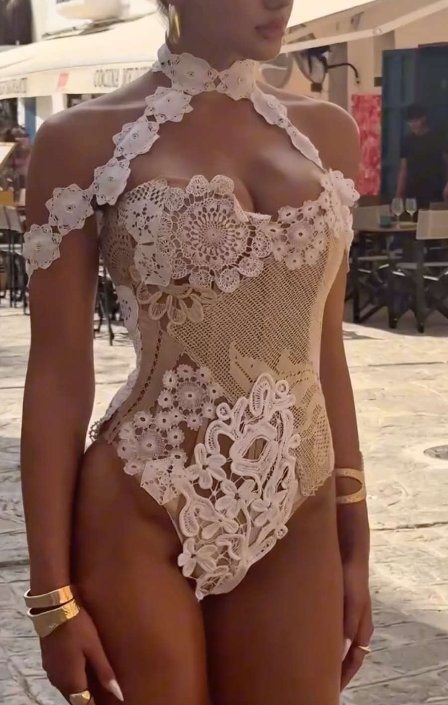 Beige & White Lace Halter Bodysuit