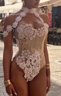 Beige & White Lace Halter Bodysuit