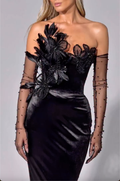 Black Velvet Strapless Feather & Beaded Floral Appliqué Maxi Dress