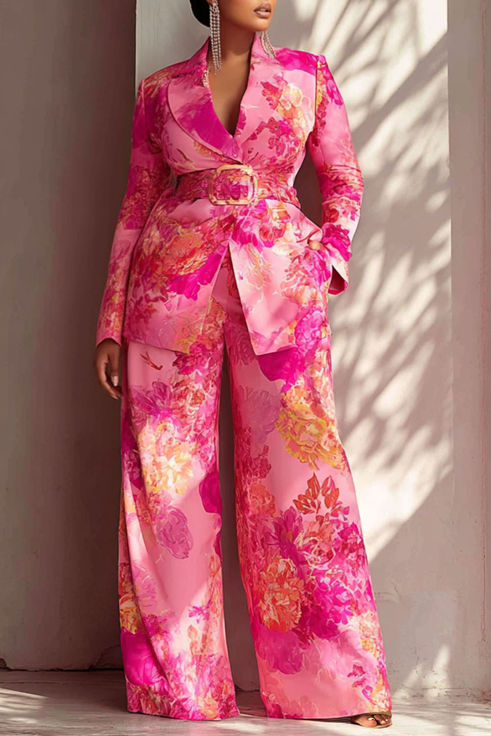 Hot Pink Turndown Collar Long Sleeve Pocket Satin Two Piece Pant Suits