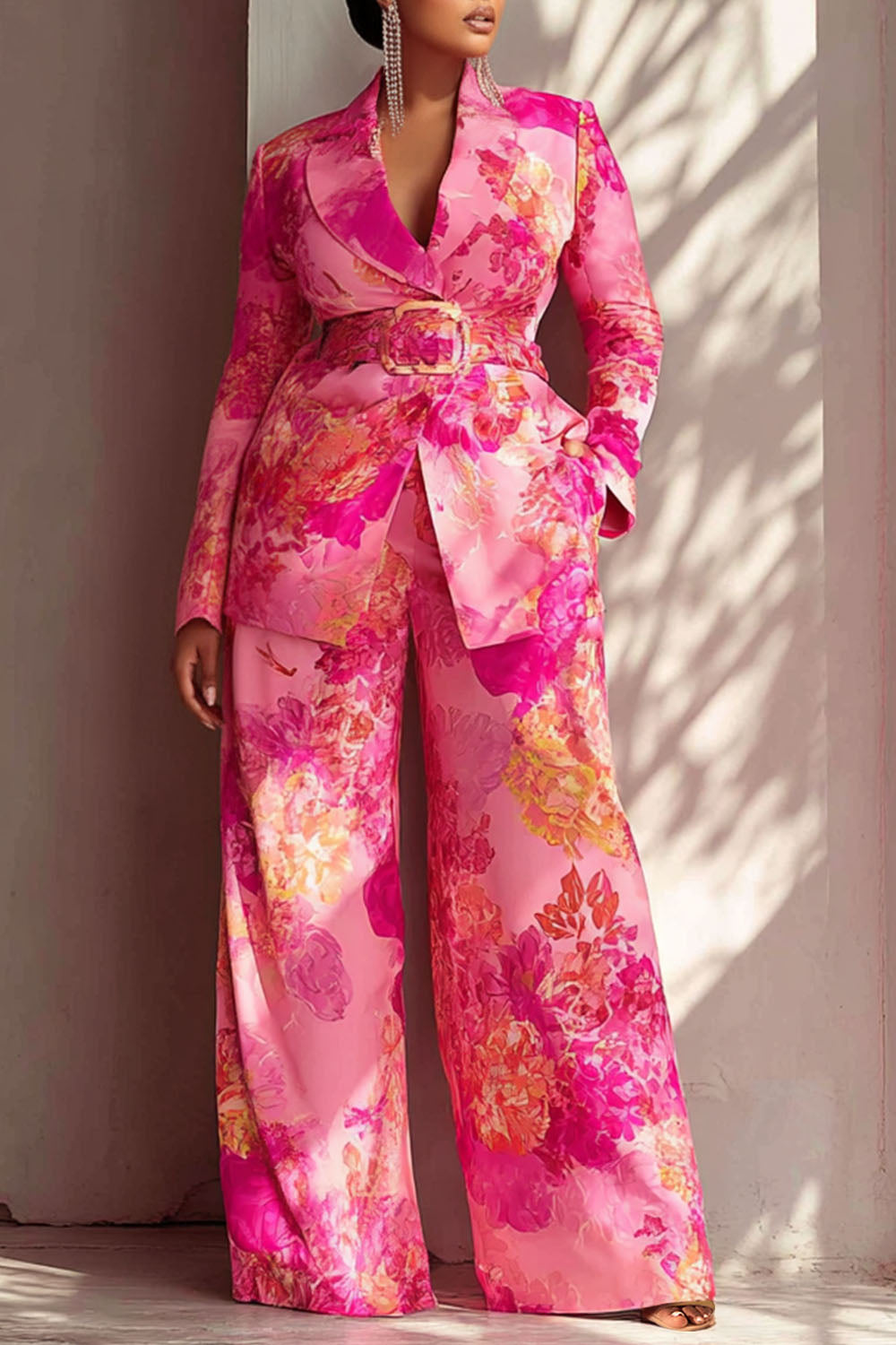 Hot Pink Turndown Collar Long Sleeve Pocket Satin Two Piece Pant Suits
