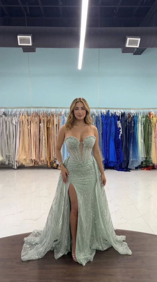 Strapless Corset Embellished Evening Gown with Slit and Overskirt
