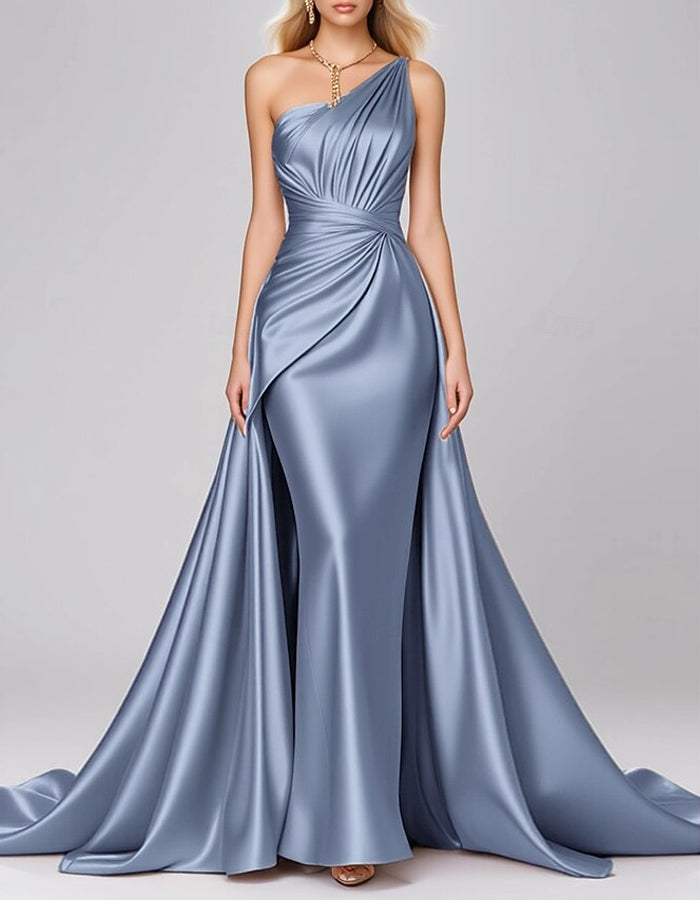 Solid One Shoulder Stretch Satin Pleated Maxi Dress