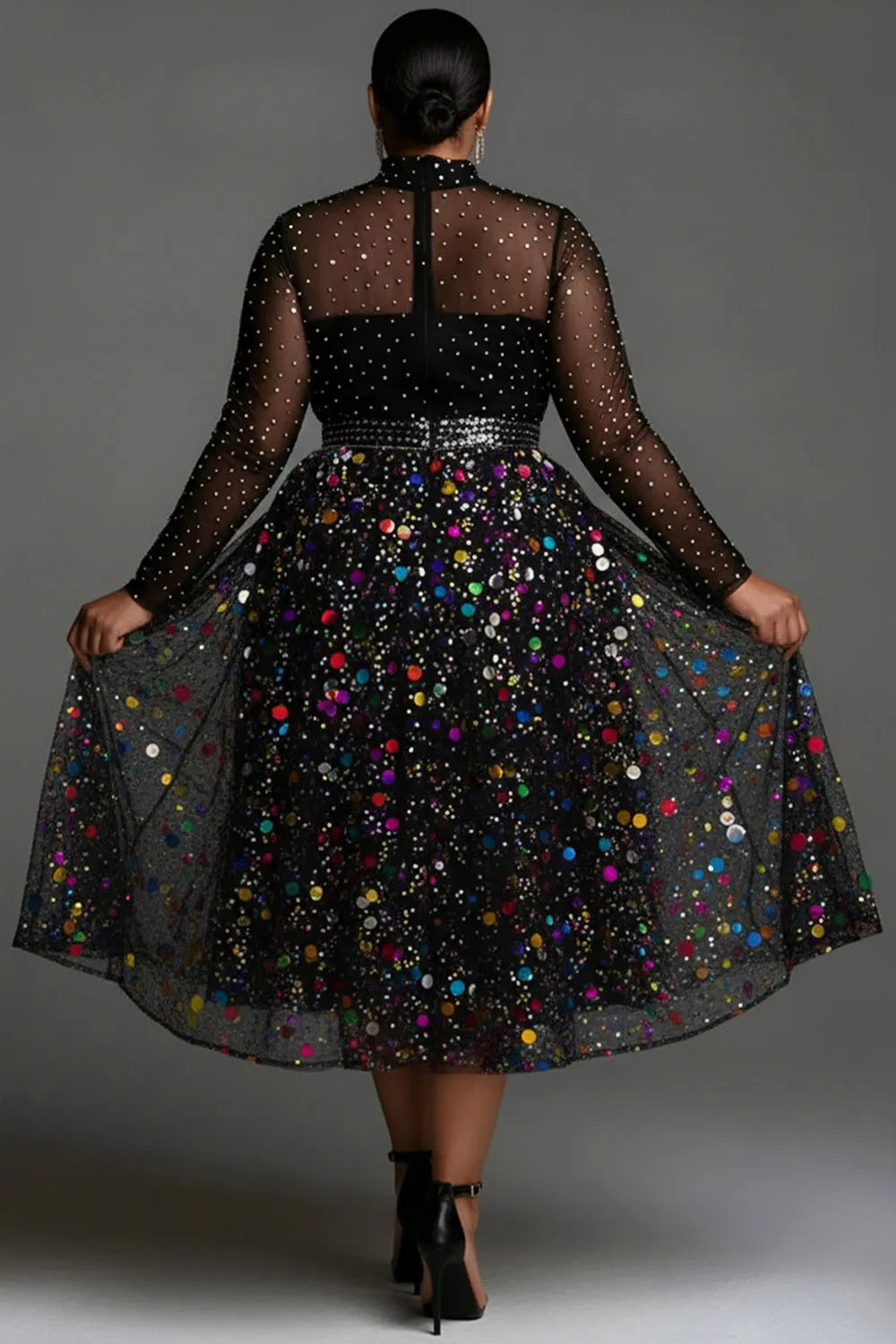 Party Tulle Multicolor Mock Neck Long Sleeve See Through Elegant Sequin Midi Dresses