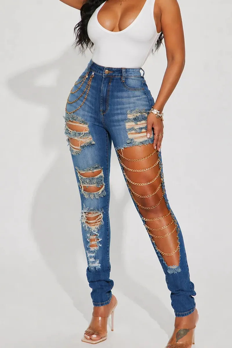 Women's Casual Chain Detail Skinny Jeans