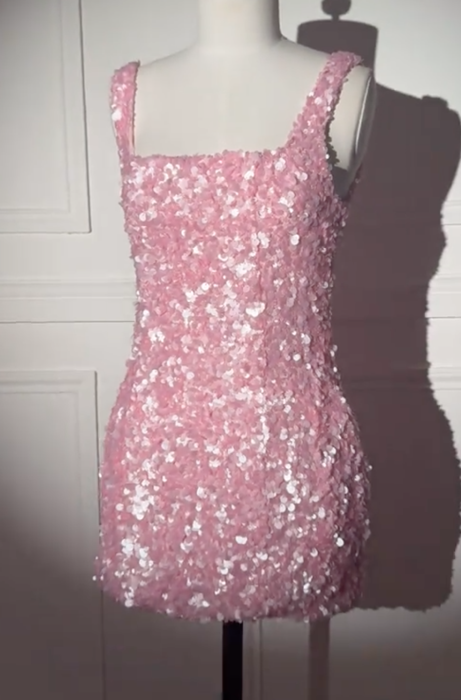 Pink Paillette Sequin Mini Dress with Square Neck & Bodycon Fit