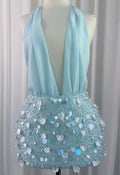 Halter Deep V Chiffon Mini Skirt Dress, Light Blue Seashell Sequin Beaded Vacation Party Evening Gown