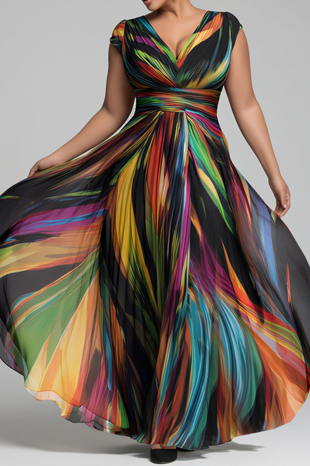 Elegant Multicolor Colorblock V Neck Short Sleeve Chiffon Maxi Dresses