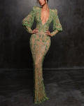 Emerald Green Sheer Embellished Deep V Maxi Gown – Luxury Evening Statement Dress