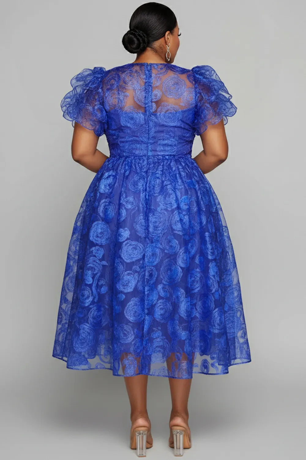 Cocktail Party Blue Round Neck Short Sleeve See Through Organza Midi Dresses