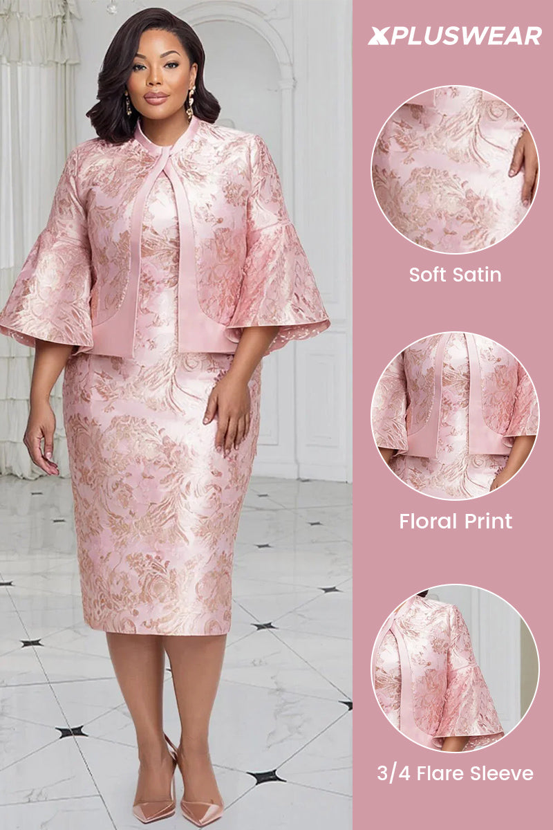 Pink Floral Flare 3/4 Sleeve Bodycon Satin Two Piece Dress Set