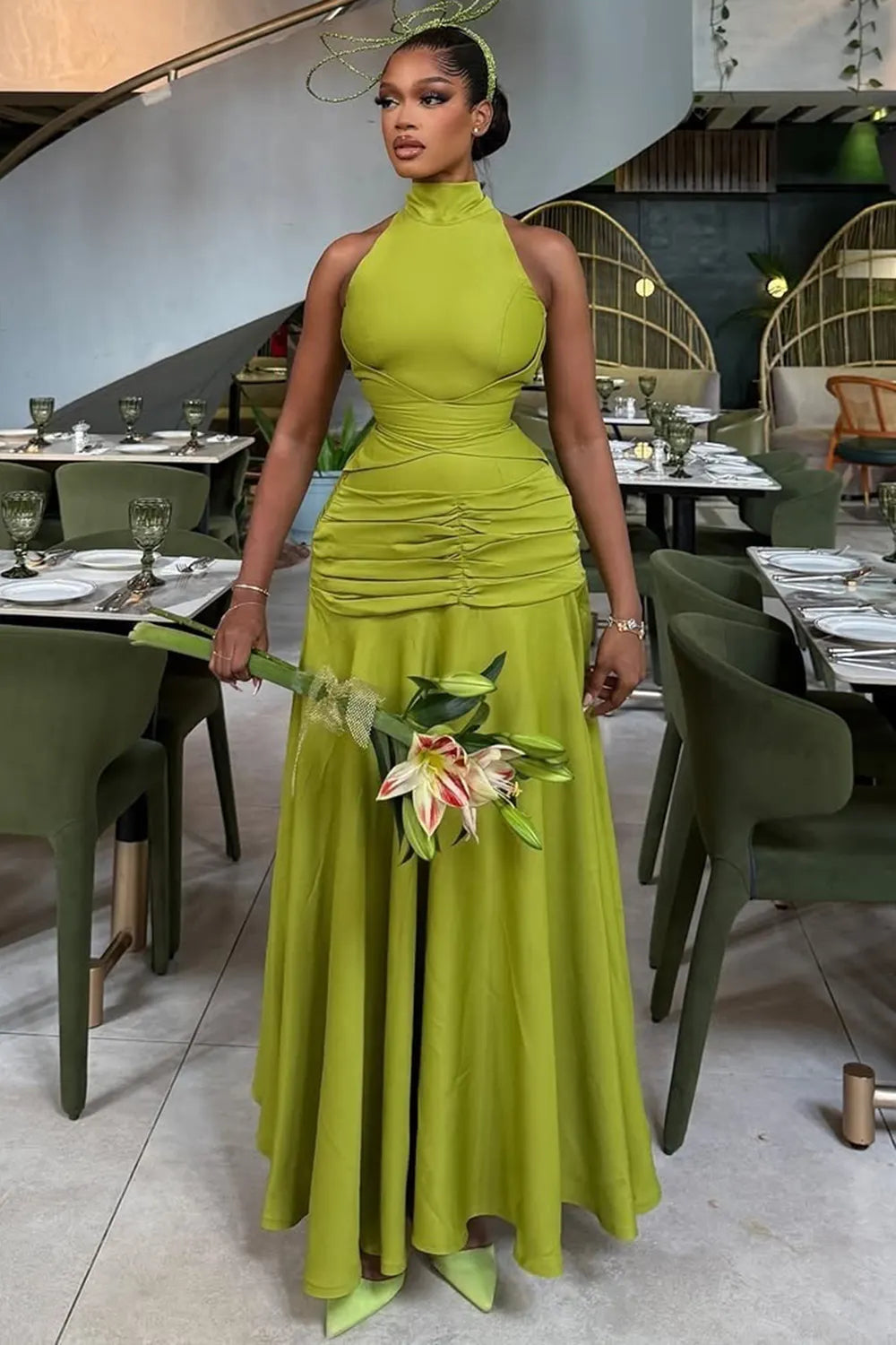 Mock Neck Off Shoulder Ruched Evening Gowns Maxi Dresses-Green [Pre Order]