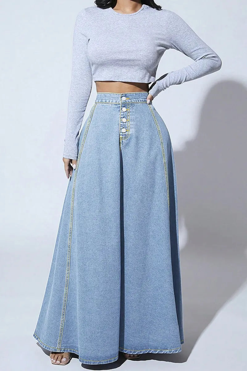 Women's Vintage Single-Breasted Full A-Line Denim Skirt