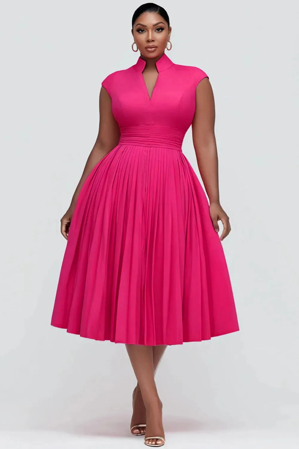Cocktail Party Hot Pink Stand-Up Collar Cap Sleeve Pocket Fold Midi Dresses