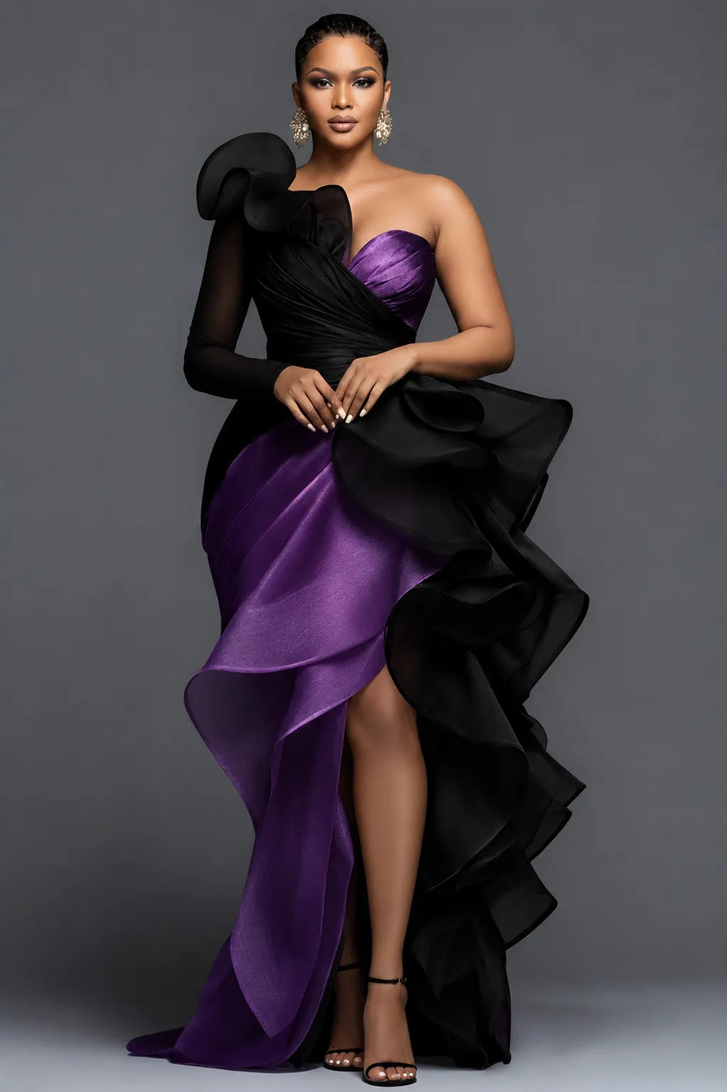 Red Oblique Collar One Shoulder Long Sleeve Ruffle Elegant Asymmetric Hem Irregular Hem Maxi Dresses