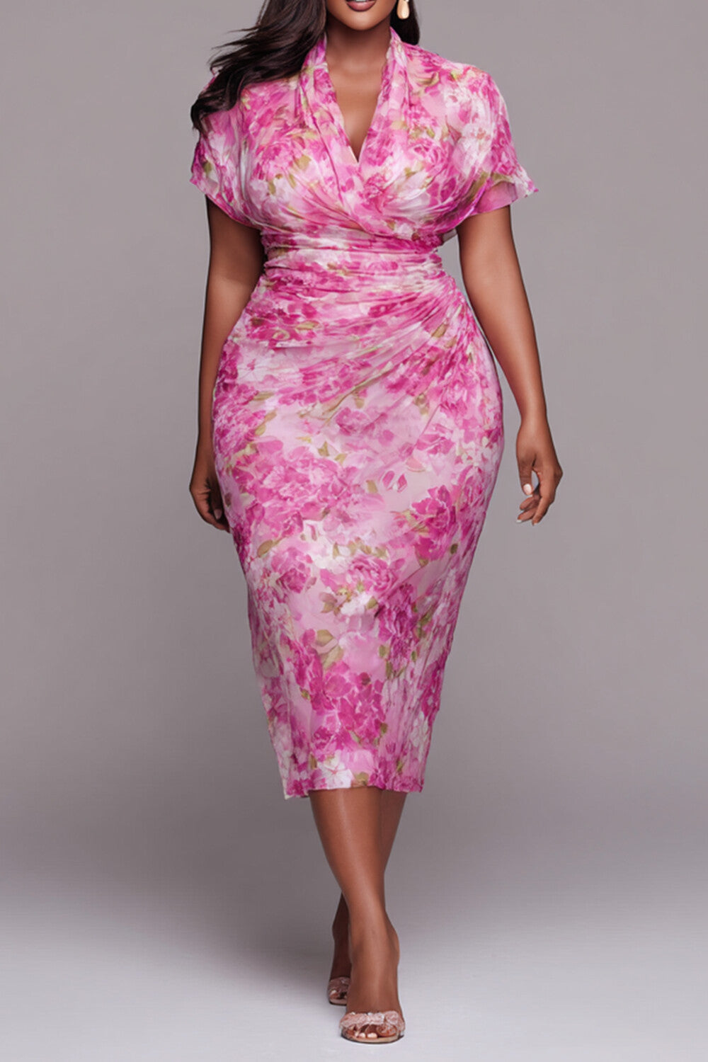 Cocktail Party Pink Floral Cowl Neck Short Sleeve Fold Bodycon Tulle Midi Dresses