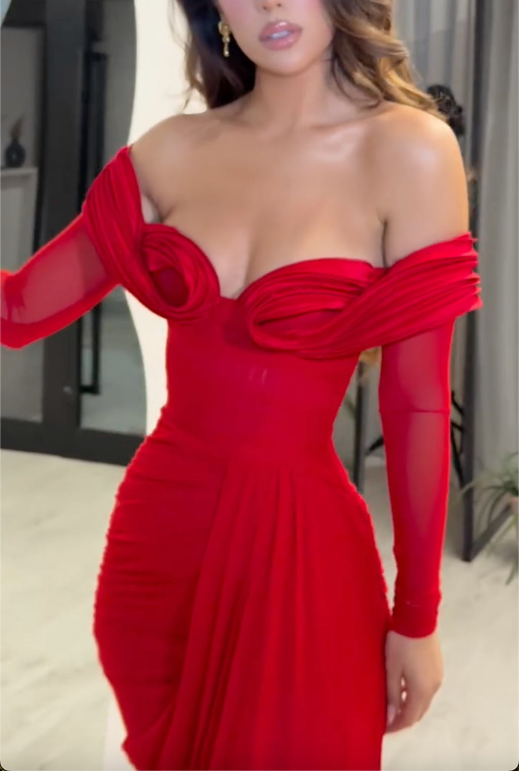 Red Off-the-Shoulder Mesh Long Sleeve Ruched Mermaid Maxi Dress