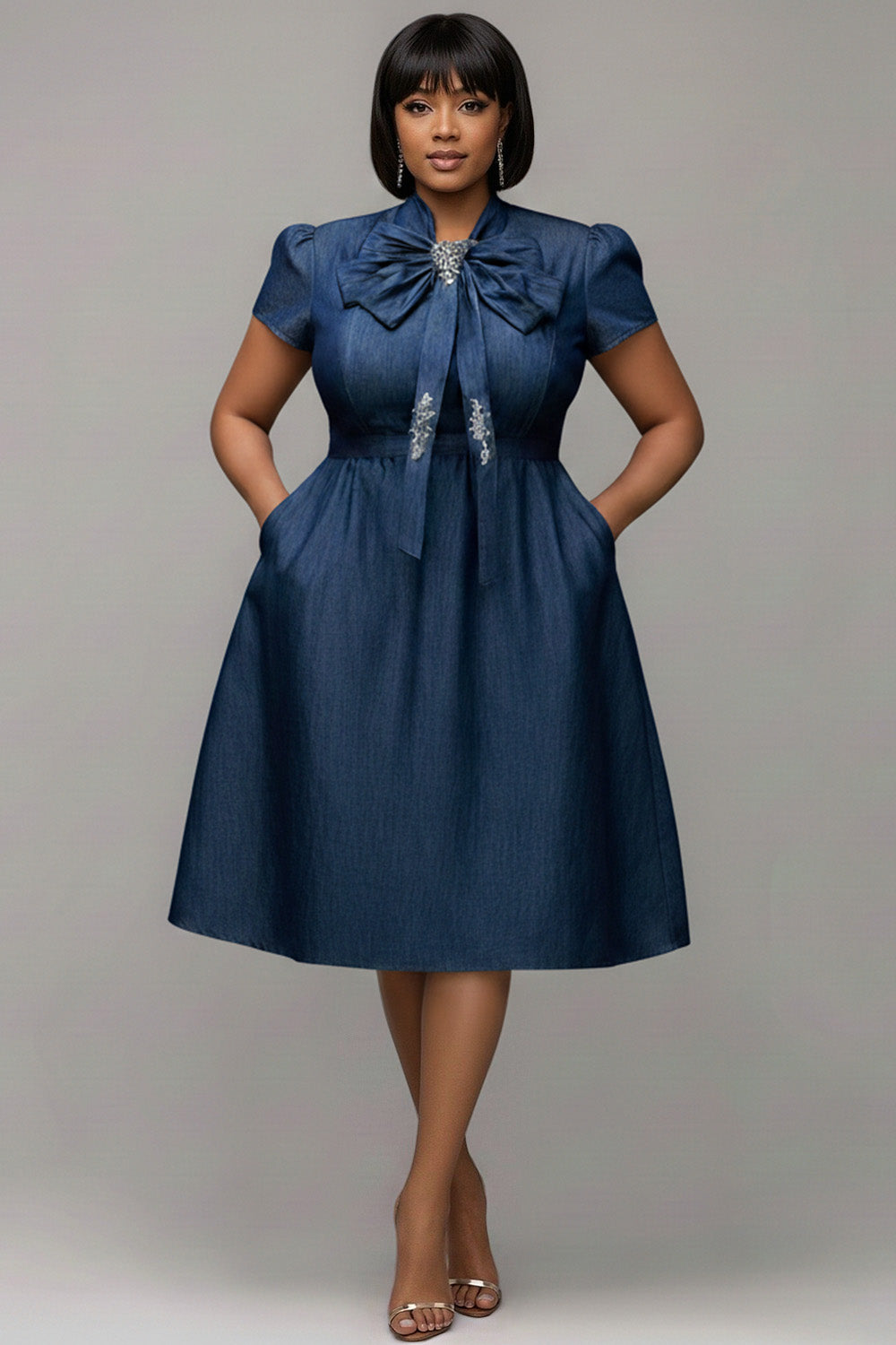 Xpluswear Design Plus Size Business Casual Blue Short Sleeve Pocket Bow Tie Tencel Denim Midi Dresses