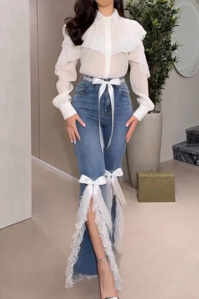 Women's Elegant Sweet Bow Mesh Hem Jeans