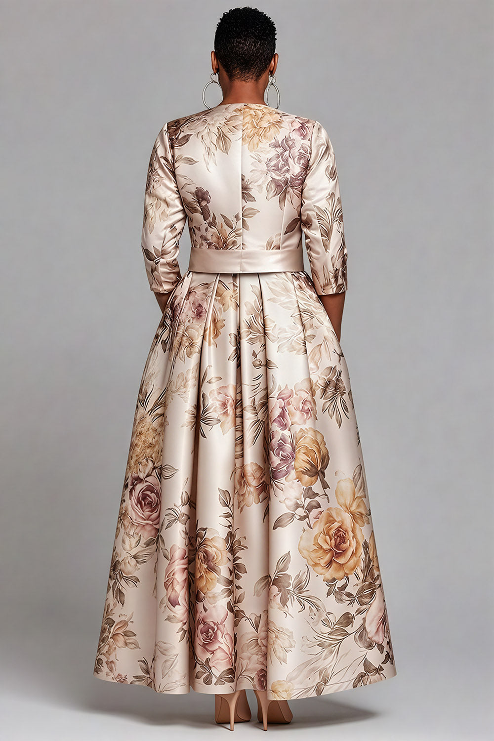 Champagne Floral 3/4 Sleeve Pocket Elegant Pleated Satin Two Piece Skirt Sets