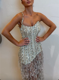Silver Beaded One-Shoulder Mini Dress with Fringe Hem & Crystal Embellishments