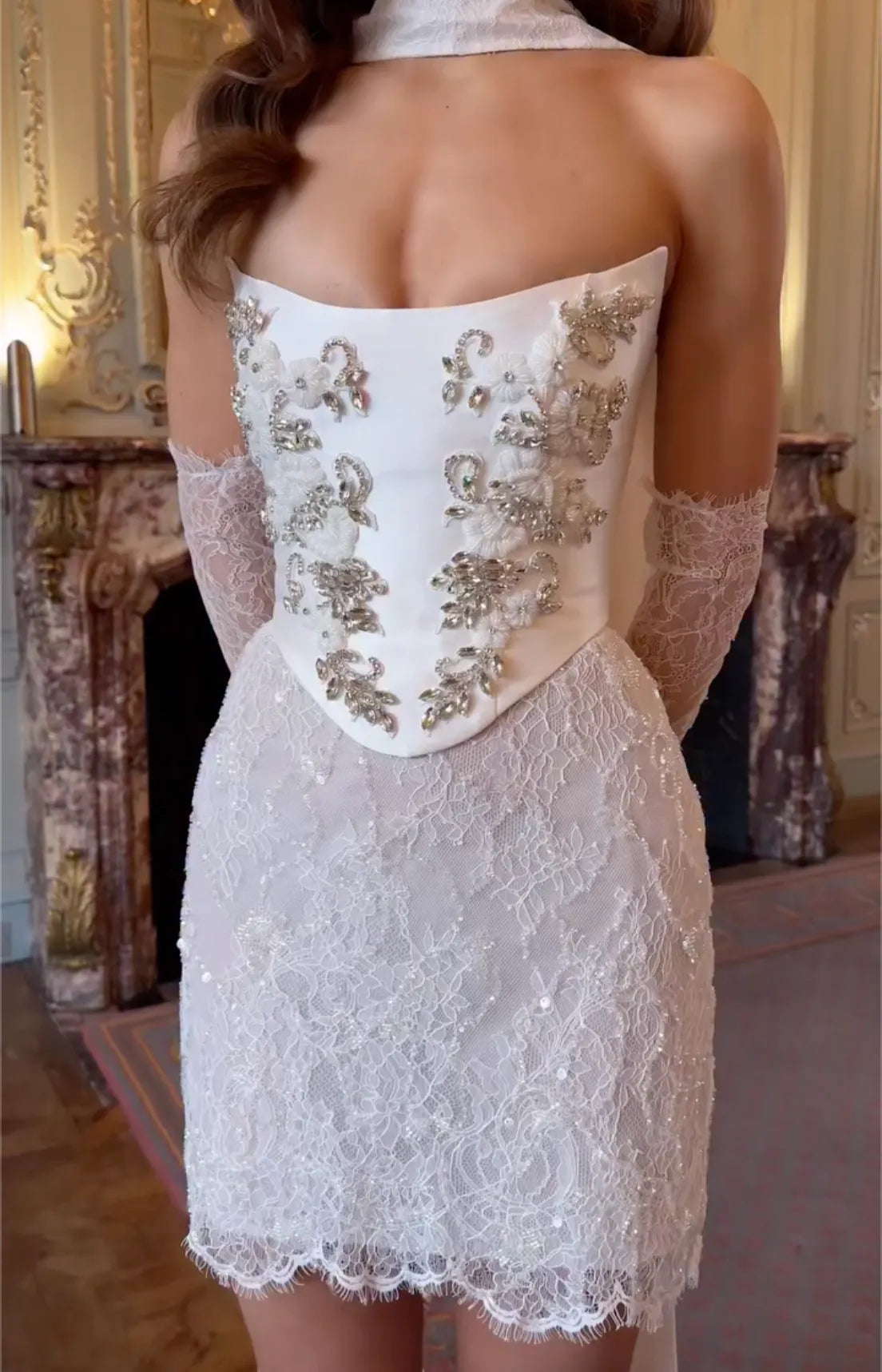 White Strapless Crystal Embellished Lace Mini Dress - Corset Formal Cocktail Gown