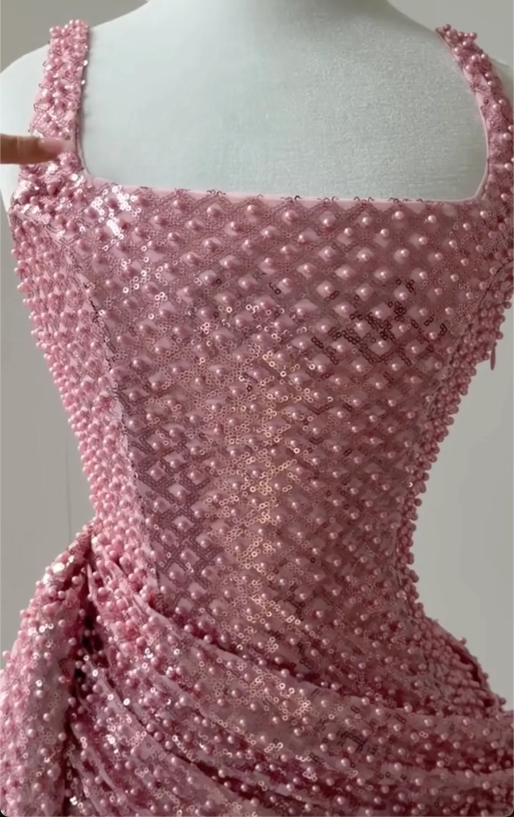 Pink Square Neck Pearl & Sequin Mini Dress - Ruched Formal Cocktail Gown