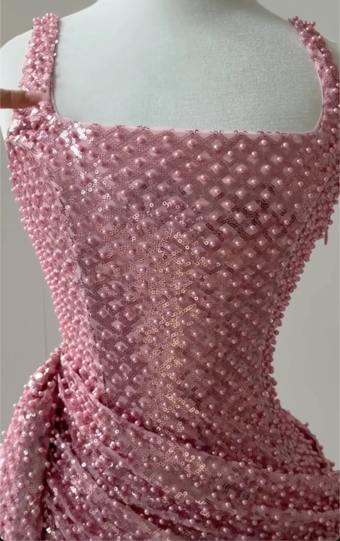 Pink Square Neck Pearl & Sequin Mini Dress - Ruched Formal Cocktail Gown
